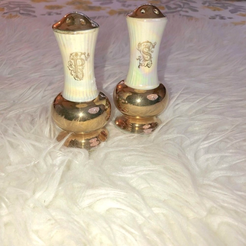 Vintage Irisdescent Luster Ceramic Monogrammed Salt and Pepper Shaker Set